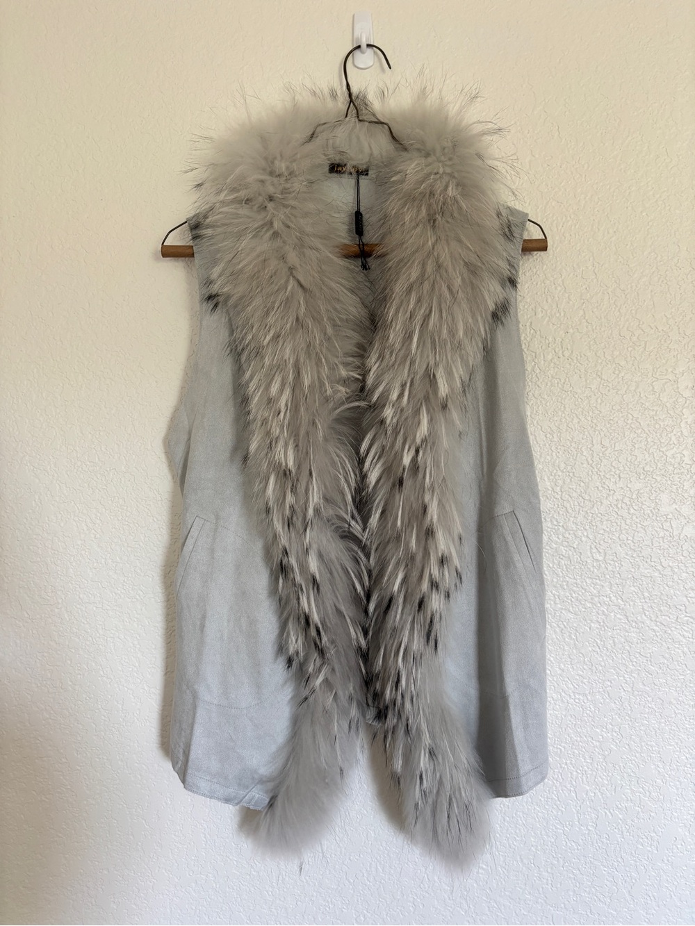 LavLey Faux Suede Vest with Faux Fur Trim Gray Open Front Layering Vest